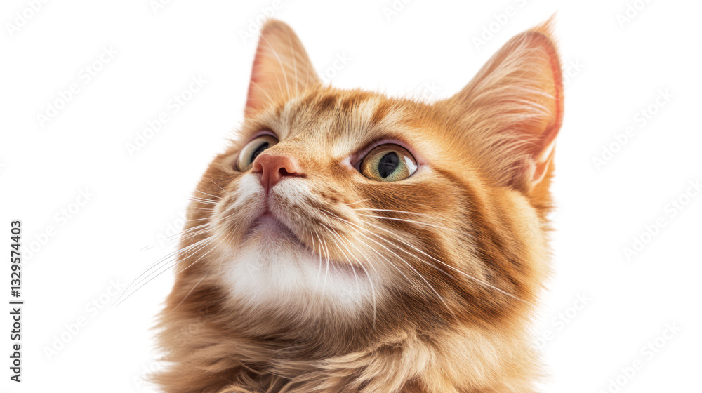 Fototapeta premium A majestic orange cat with bright eyes gazes upward against a white background.