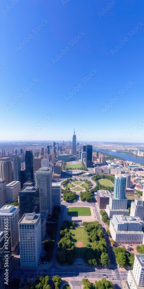Obraz premium A breathtaking drone view of a sprawling cityscape, with skyscrapers, busy streets, and vibrant green parks under a bright blue