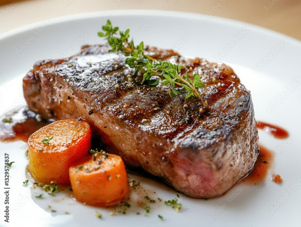 Sleek Minimalistic Food Advertising Image Showcasing a Succulent Steak Meal Artfully Plated to Emphasize Gourmet Dining and Culinary Excellence Sleek Minimalistic Food Advertising Image Showcasing a Succulent Steak Meal Artfully Plated to Emphasize Gourmet Dining and Culinary Excellence