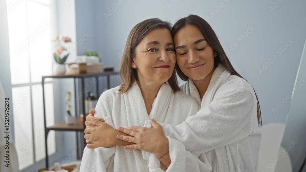 Mother and daughter in white bathrobes sharing a loving embrace in a bright spa room, capturing a moment of family bonding and relaxation indoors. Mother and daughter in white bathrobes sharing a loving embrace in a bright spa room, capturing a moment of family bonding and relaxation indoors.
