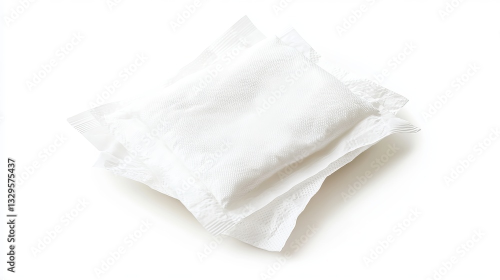 An open flow pack of wet wipes, isolated against a white background An open flow pack of wet wipes, isolated against a white background