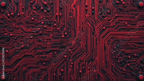 Close-up of a red circuit board with intricate patterns and components. Ideal for technology and engineering themes.