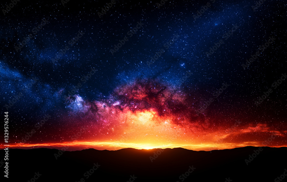 Naklejka premium breathtaking starry sky with vibrant sunset illuminating horizon, showcasing beauty of universe and Milky Way
