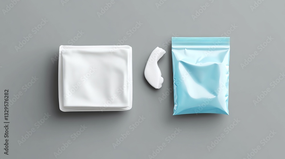 Realistic vector mockup of a wet wipes flow package displayed in a flat lay view on a grey background. Ideal for showcasing your product, design, or concept with ease Realistic vector mockup of a wet wipes flow package displayed in a flat lay view on a grey background. Ideal for showcasing your product, design, or concept with ease