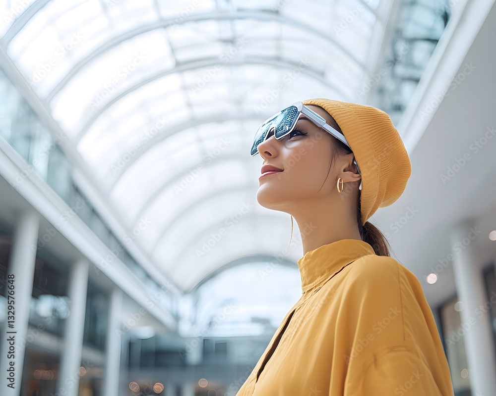 Stylish woman wears AI-powered smart glasses with an interactive display while walking in a futuristic shopping mall. The high-tech scene is ideal for fashion tech ads or articles on future shopping. Stylish woman wears AI-powered smart glasses with an interactive display while walking in a futuristic shopping mall. The high-tech scene is ideal for fashion tech ads or articles on future shopping.