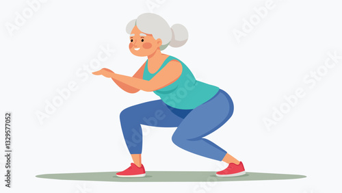 A senior lady with determination on her face doing a series of squats in a Silver Generation fitness class.. Vector illustration