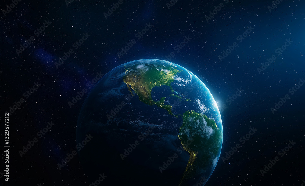 Obraz premium Earth viewed from space, showcasing North and South America illuminated by sunlight, surrounded by starry background, evokes sense of wonder and beauty