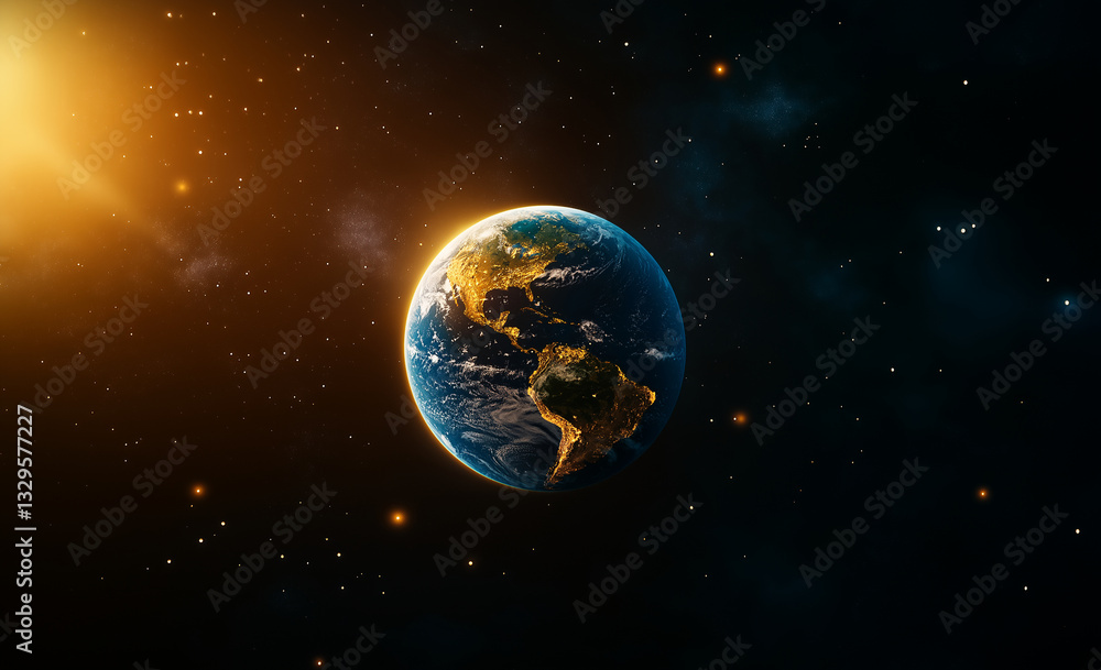 Obraz premium Earth is vibrant planet showcasing North and South America, surrounded by starry cosmos. Its beauty evokes sense of wonder and exploration