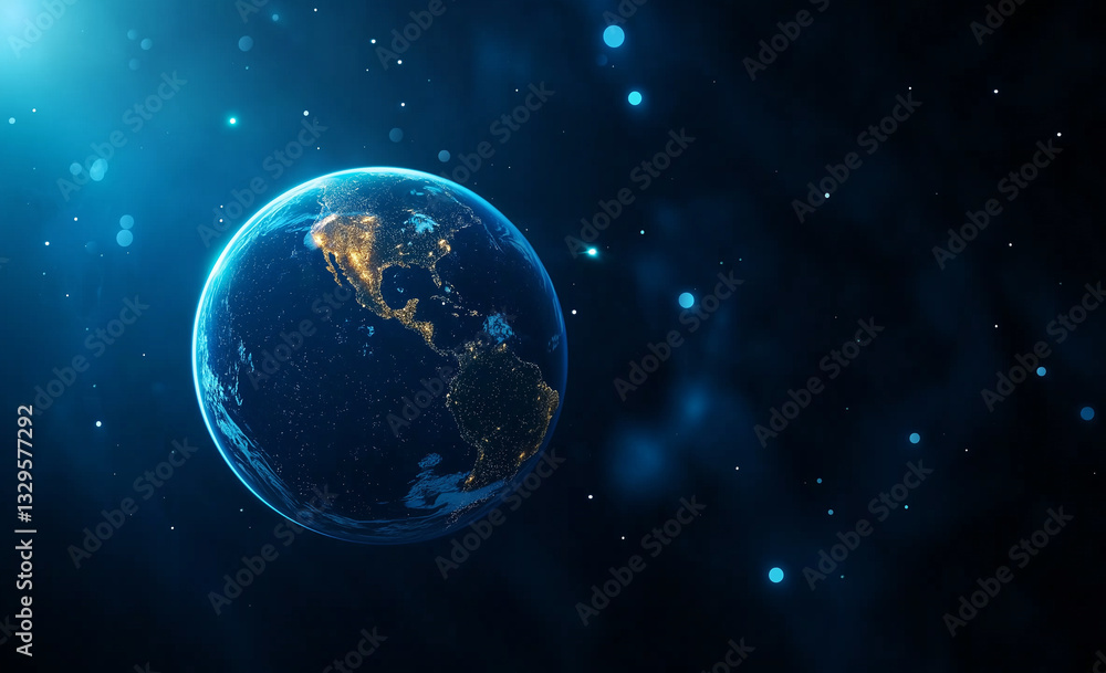 Earth viewed from space, showcasing North and South America illuminated at night, surrounded by stars and cosmic elements, evokes sense of wonder and beauty Earth viewed from space, showcasing North and South America illuminated at night, surrounded by stars and cosmic elements, evokes sense of wonder and beauty