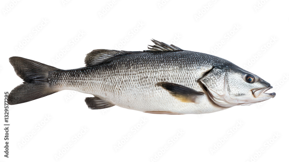 Fototapeta premium Fresh fish on a white isolated background, showcasing its natural texture and vibrant colors.