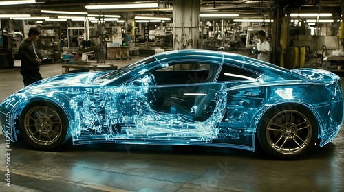 Car design blueprint in a factory, prototype use