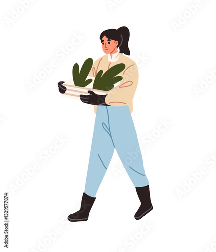 Farmer carries little green sprouts in pot for planting. Woman holds seedlings for garden. Agriculture worker cares about farm, works, does cultivation. Flat isolated vector illustration on white