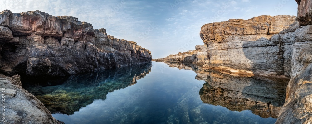 Obraz premium A serene natural pool reflects the rocky cliffs and sky