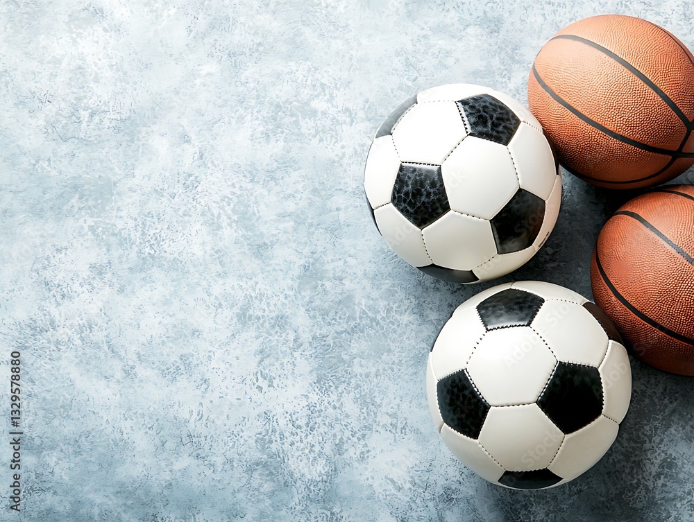 Naklejka premium Exciting sports equipment showcase soccer and basketball indoor setting still life dynamic viewpoint