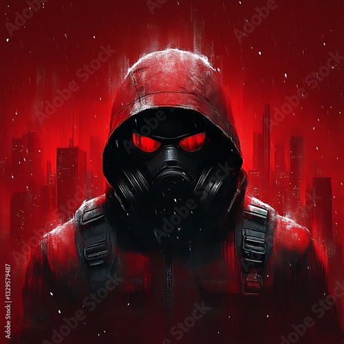Red-hooded figure, gas mask, snowy city, game cover art