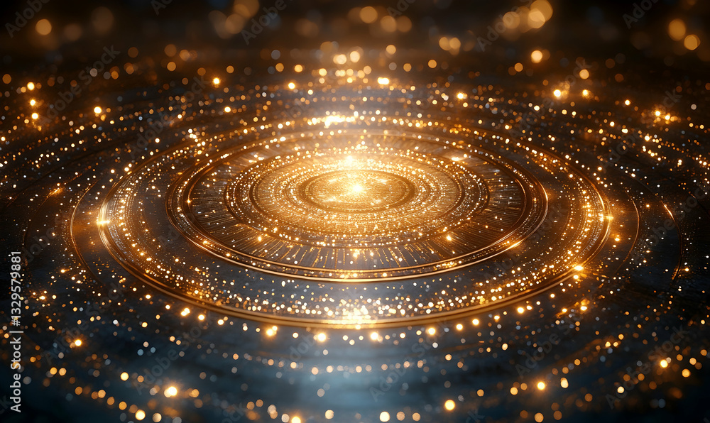 Glowing golden concentric circles radiate light, creating a mesmerizing cosmic or technological effect. Intricate details and sparkling particles enhance the visual appeal Glowing golden concentric circles radiate light, creating a mesmerizing cosmic or technological effect. Intricate details and sparkling particles enhance the visual appeal