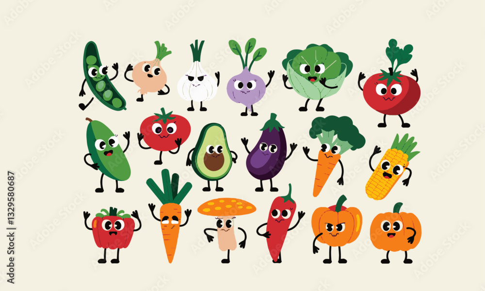 Fototapeta premium Modern vector-style illustration featuring anthropomorphic vegetables with expressive faces and limbs, easily editable.