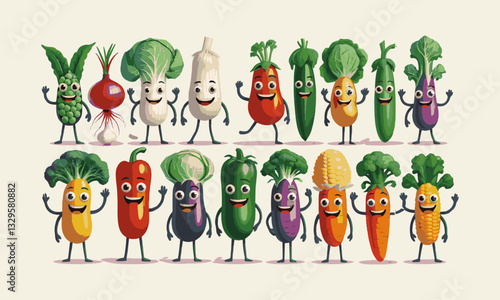Modern vector-style illustration featuring anthropomorphic vegetables with expressive faces and limbs, easily editable.