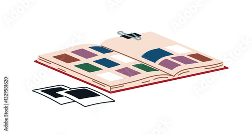 Family photoalbum with pictures from travel, journeys. Open paper photo album. Notebook with photographies, diary, scrapbook of memory cards. Flat isolated vector illustration on white background