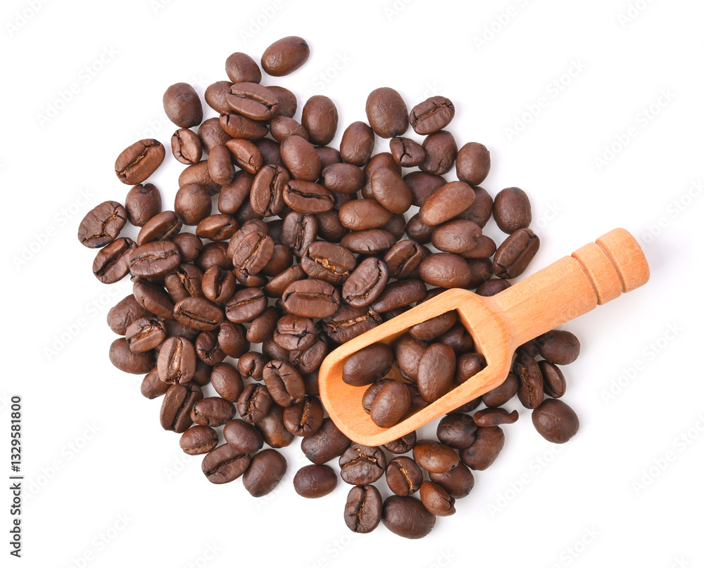 Fototapeta premium Roasted coffee bean with scoop isolated on white background. Top view
