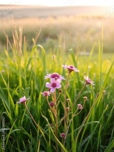  Soft Pink Wildflowers Growing in a Field, Framed by Green Grass and Golden Sunshine