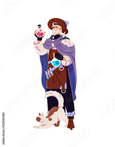Magician with cat holds magic potion bottles. Old wizard with glass flask, phials of spell elixir. Medieval sorcerer, witch, witchcraft character. Flat isolated vector illustration on white background