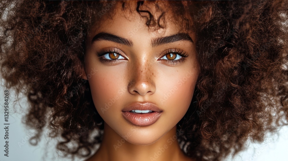 Close-up of a woman with curly, hydrated hair, confident expression, textured solid background Close-up of a woman with curly, hydrated hair, confident expression, textured solid background