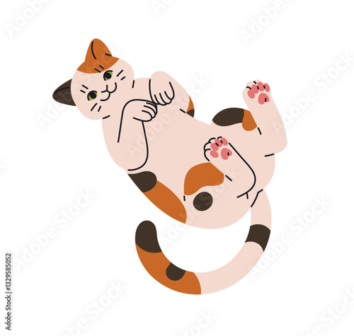 Cute friendly cat lying on its back, seeking attention, love. Happy kitten relaxes in funny pose, belly up. Amusing kitty, pet, animal has a rest. Flat isolated vector illustration on white background
