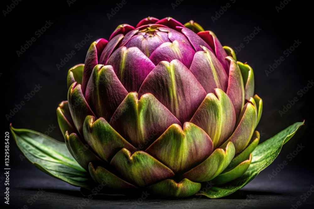 Fototapeta premium Close-Up Artichoke Photography: Black Background, Gourmet Food Image, Vegan Recipe Inspiration