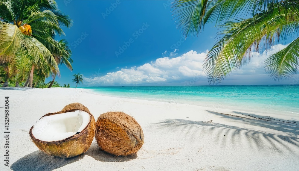 Obraz premium Tropical Beach Paradise with Fresh Coconuts on White Sand, palm trees. Summer Vacation and Natural Refreshment Concept