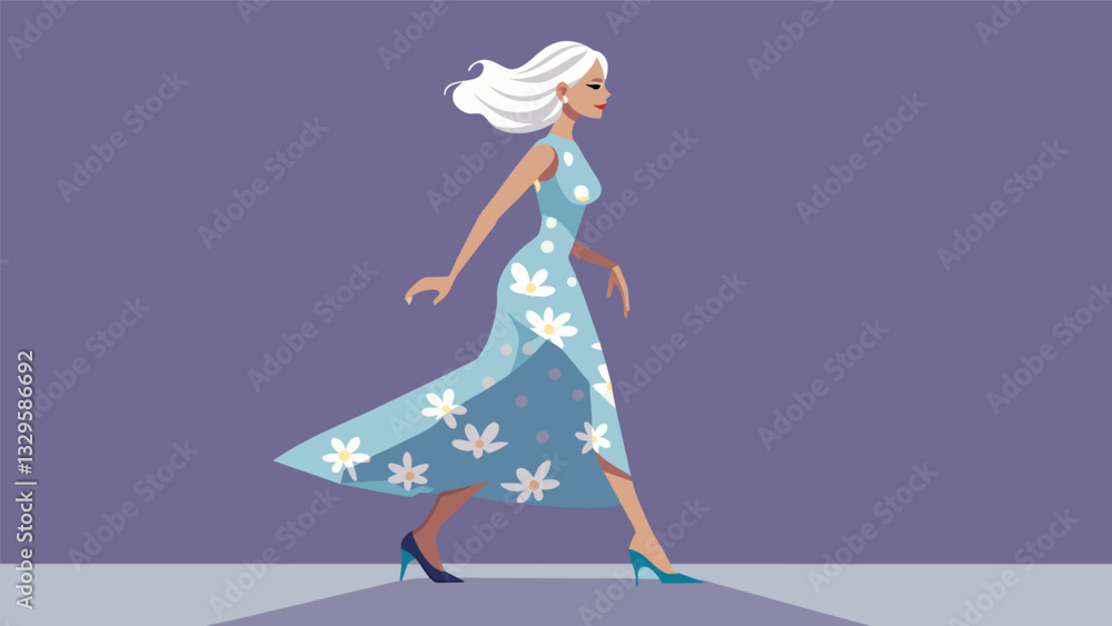 A silverhaired beauty waltzes down the catwalk in a flowy floral dress exuding confidence and grace with every step.. Vector illustration A silverhaired beauty waltzes down the catwalk in a flowy floral dress exuding confidence and grace with every step.. Vector illustration