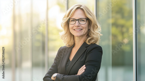 Free Download Professional Businesswoman Standing Confidently Outside Modern Glass Building - GFXLoad