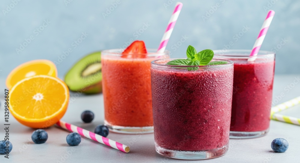 Refreshing berry and citrus smoothies with fresh fruit garnish Refreshing berry and citrus smoothies with fresh fruit garnish