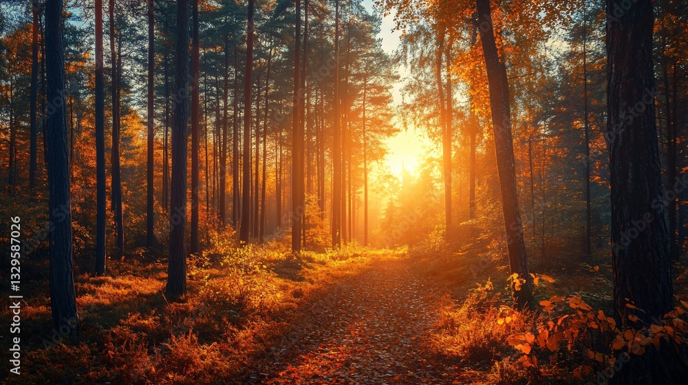 Fototapeta premium Vibrant Autumn Sunset in Serene Forest Setting