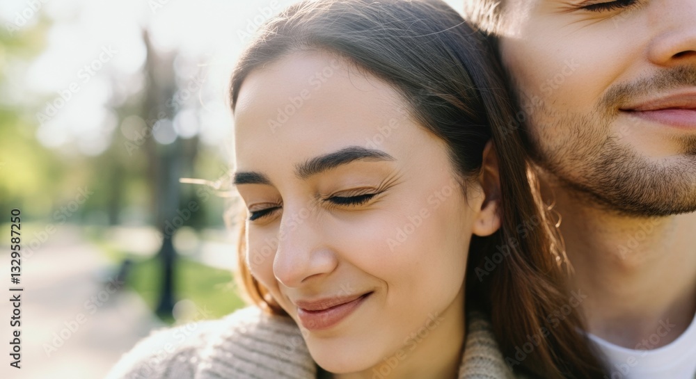 Young caucasian couple enjoying a sunny day outdoors with smiles Young caucasian couple enjoying a sunny day outdoors with smiles