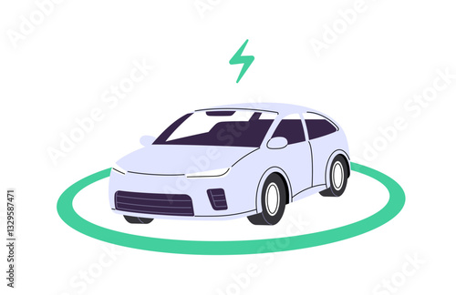 Concept of wireless charging station for electro cars. Electric automobile refuels on charger. Transport on sustainable energy recharges with electricity. Flat isolated vector illustration on white