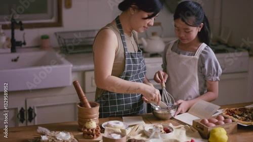 Asian mother and daughter wearing aprons cooking together in a cozy kitchen, whisking ingredients in a bowl while following a recipe book, surrounded by eggs, waffles, lemons, and pastries