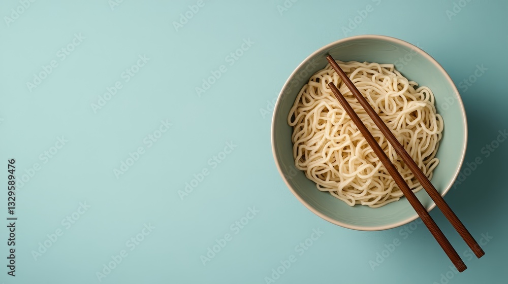 Fototapeta premium Instant noodle bowl with chopsticks minimalist kitchen food photography bright color top view culinary delight