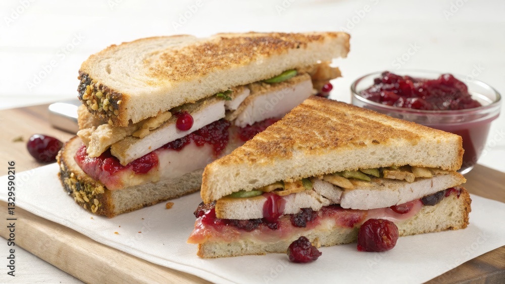 Indulge in a toasted turkey and cranberry sandwich with stuffing at your favorite deli a culinary delight in a cozy setting Indulge in a toasted turkey and cranberry sandwich with stuffing at your favorite deli a culinary delight in a cozy setting