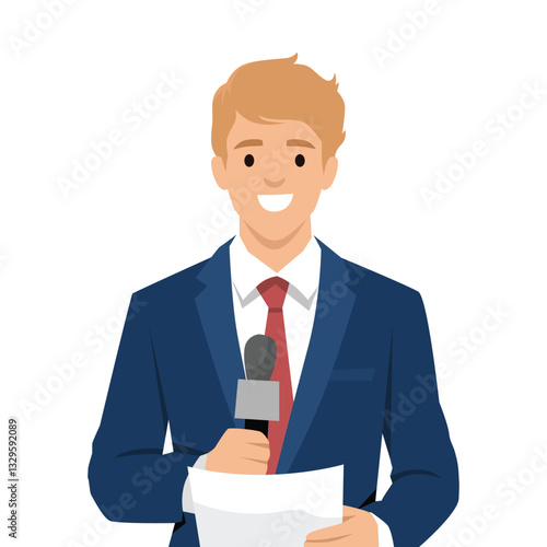 Smiling male news reporter in a suit holding a microphone and a script,ready to deliver a broadcast. Flat vector illustration isolated on white background