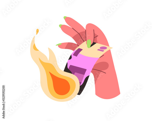 Female hand holds burning euro banknote. Woman spends savings, loss cash in fire. Bad handling money, business fail. Financial literacy, finance crisis. Flat isolated vector illustration on white