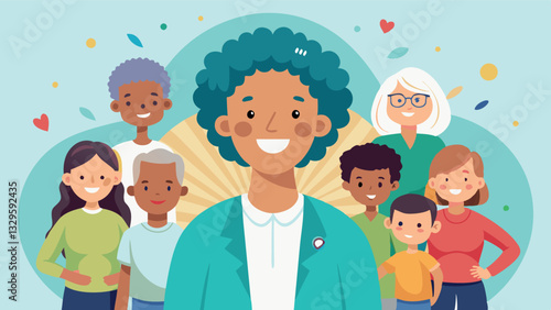 A social worker with a kind smile helps people of different ages and abilities. A warm and friendly scene reflecting an atmosphere of care and support in the community.