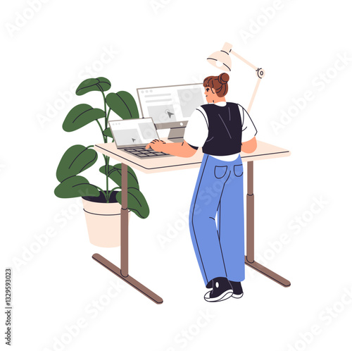 Office worker typing on laptop at the standing desk back view. Employee works in desktop computer at the adjustable table, ergonomic workstation. Flat isolated vector illustration on white background