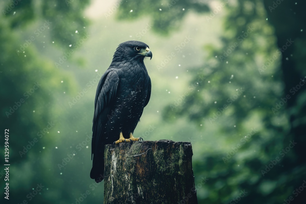Fototapeta premium Gyrfalcon: Majestic Black Bird of Prey Perched on Old Tree Stump in Nature