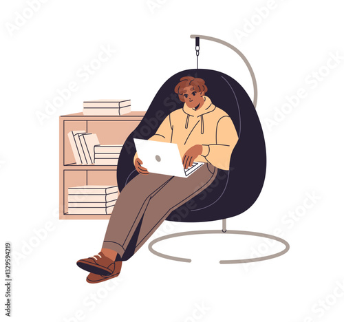 Freelancer in armchair remote works by laptop. Student is on distance education, studies with computer. Freelance worker is at home office, workplace. Flat isolated vector illustration on white