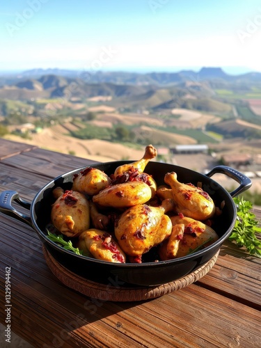 Wallpaper Mural  Skillet Cooked Chicken with Spices on a Wooden Table, Overlooking Rolling Hills and Farmlands Torontodigital.ca