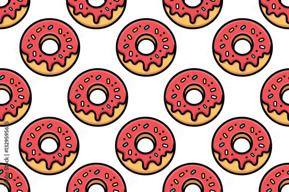 Fototapeta premium Seamless Pattern of Pink Strawberry Donuts with Sprinkles on White Background