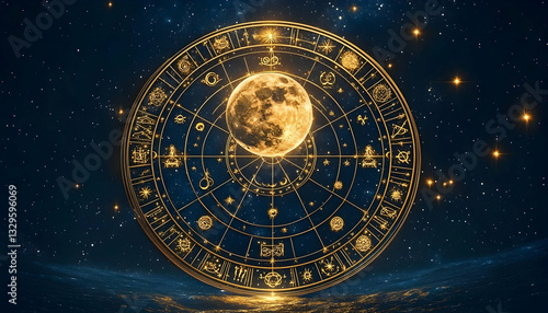 Celestial wheel with zodiac symbols and full moon in a starry night sky.  Mystical and cosmic art