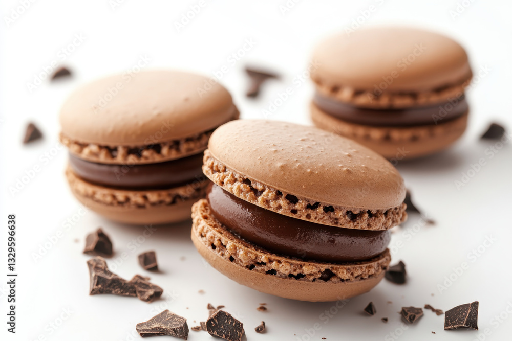 Chocolate macarons with a glossy chocolate ganache filling sitting on a marble countertop, surrounded by scattered cocoa powder and fresh raspberries. Chocolate macarons with a glossy chocolate ganache filling sitting on a marble countertop, surrounded by scattered cocoa powder and fresh raspberries.