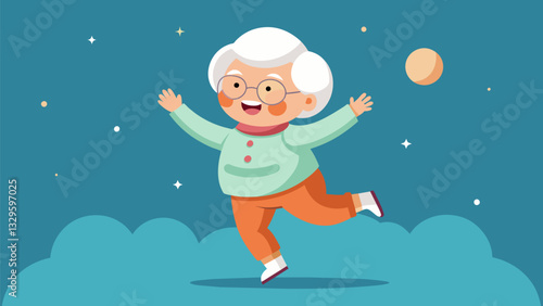 A grandma with a delighted smile as she takes her first steps in zero gravity free from the limitations of age and gravity.. Vector illustration